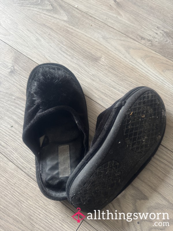 Well Worn Used Black Slippers
