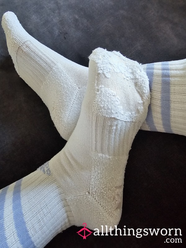 Well-Worn White And Blue Adidas Socks