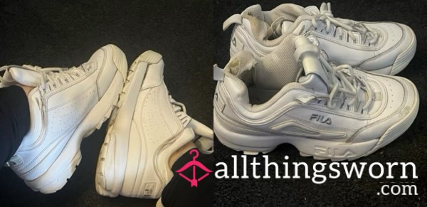 Well Worn White Fila Trainers Used For Food Crushing Videos