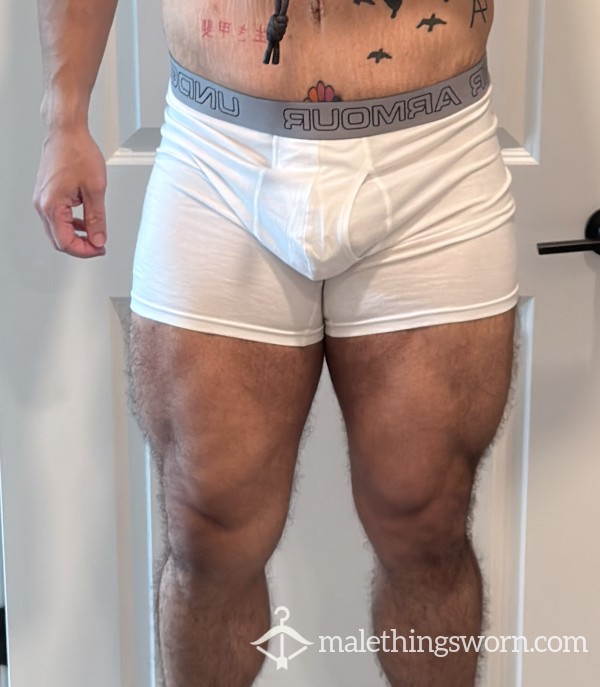 Well-Worn White Under Armour Sport Trunks | Grey Logo Waistband - XL
