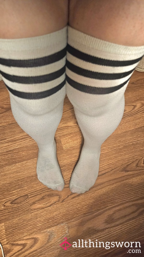 Well Worn White(ish) Dirty Thigh High Socks With Black Stripes