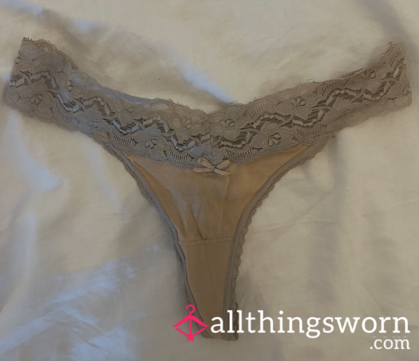 Wet Well Worn Nude Lace Trim And Cotton Thong