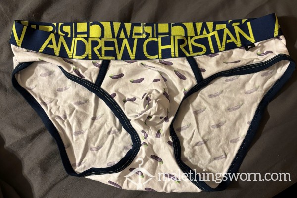 White AC Briefs With Eggplants Size XL