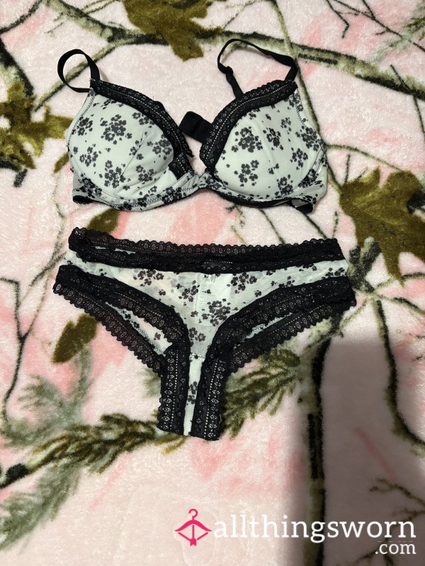 White And Black Flowery Bra 34b And See Through Pants Set