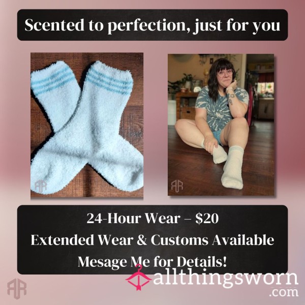 Worn White & Blue Fuzzy Socks – 24HR Soft, Scented, & Oh So Stinky