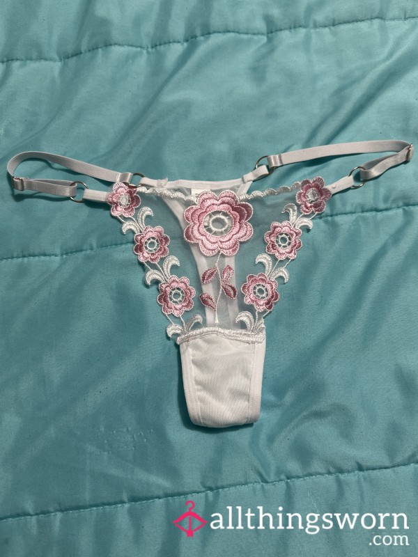 White And Pink Flower Lace Thong