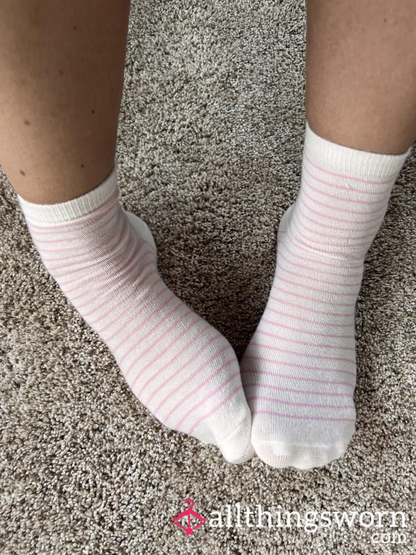 White And Pink Striped Boot Socks