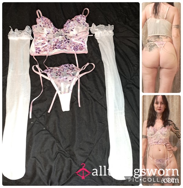 White And Purple Flor*l Bra Set With Stockings Included - Small