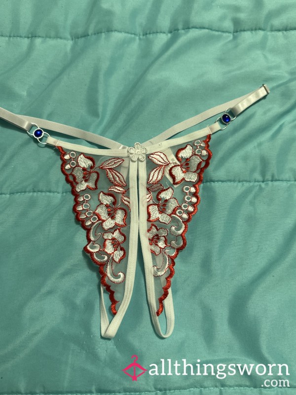 White And Red Crotchless Thong