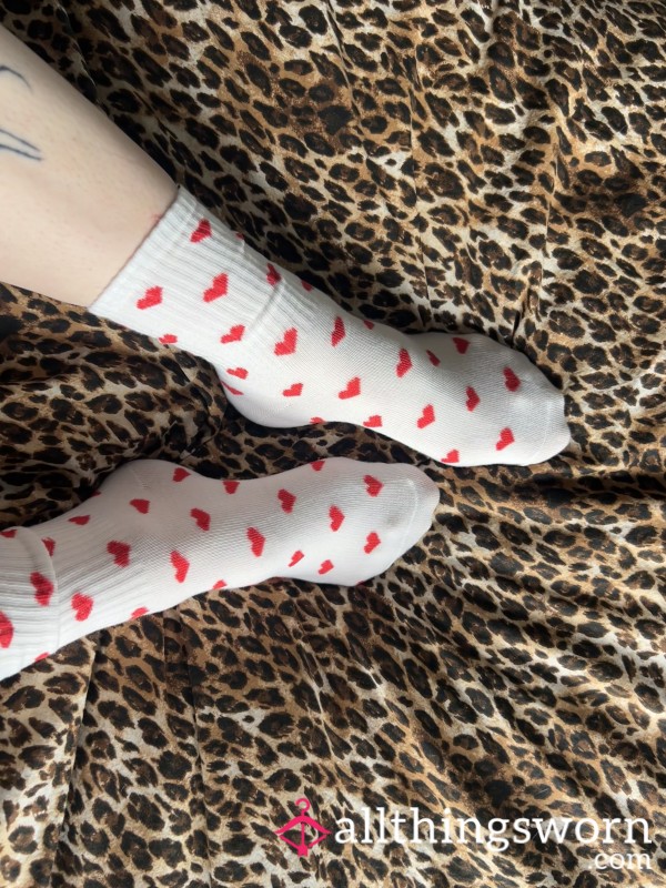 White And Red Heart Socks