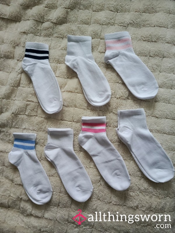 White Ankle Socks With Coloured Stripe Detailing A Full 24 Hour Wear ✨