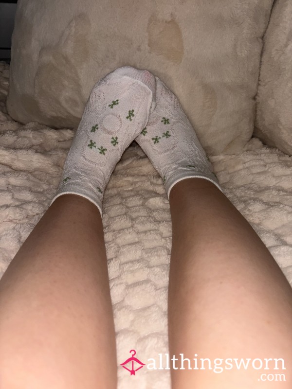 White Ankle Socks With Green Flowers