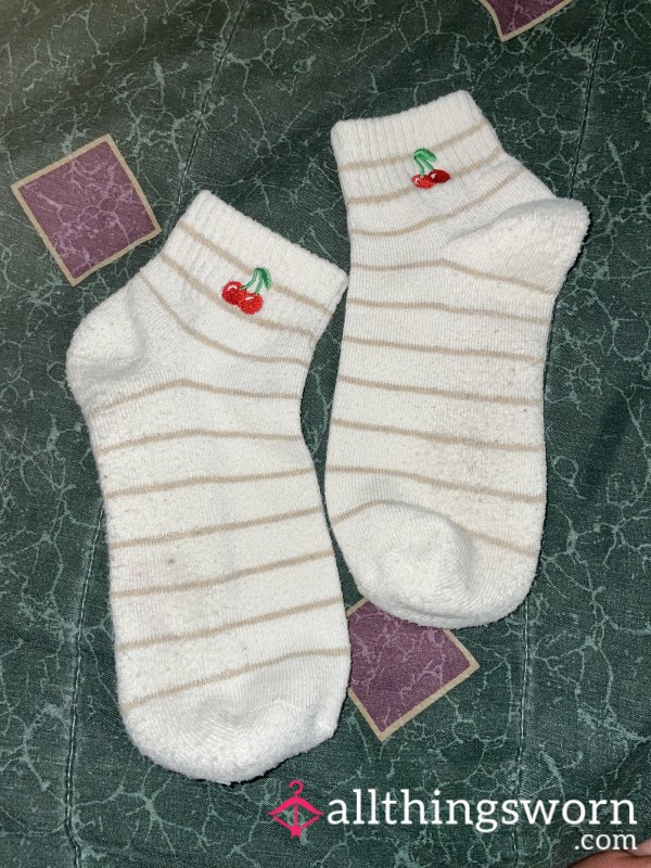 White & Beige Stripe Socks-w/ Cherries🍒