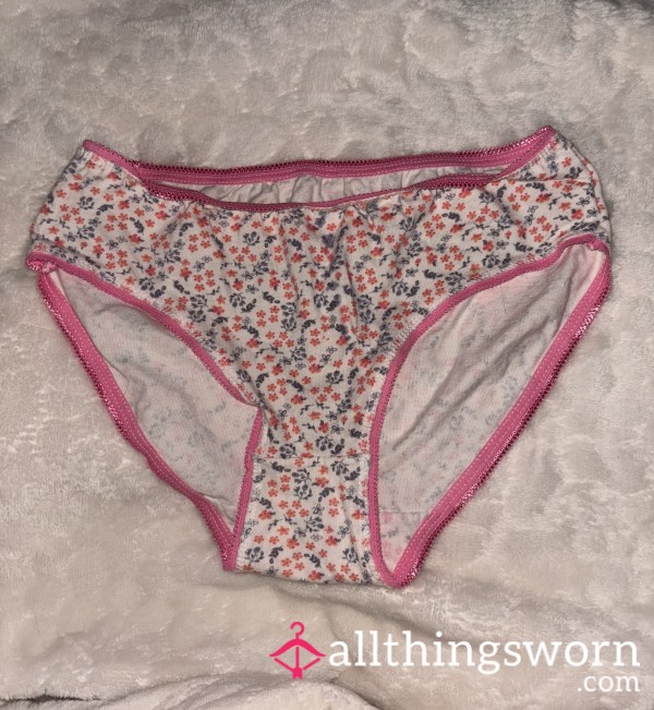 White Bikini Panties With A Flor*l Pattern And Pink Trim