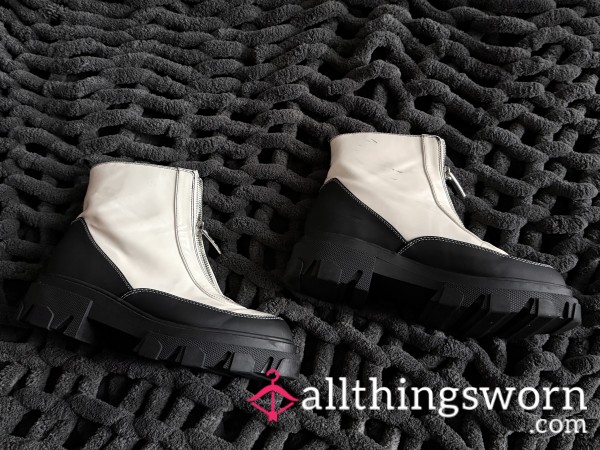 White & Black Front Zip Heavy Boots Bold, Unique & Personalized Experience
