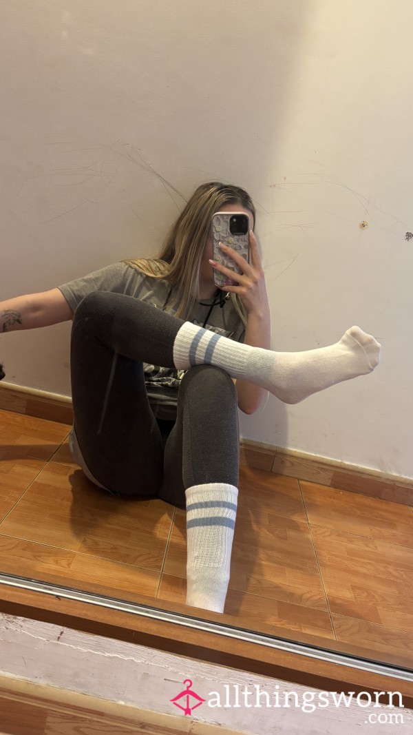 White & Blue Striped Crew Socks – Heavily Worn & Extra Cheesy