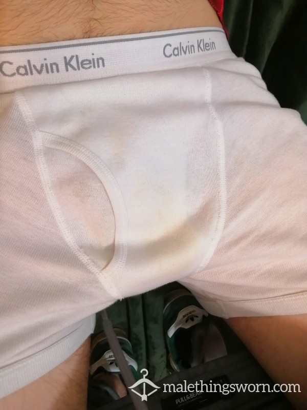 White Calvin Boxer Briefs With Extra Wear.