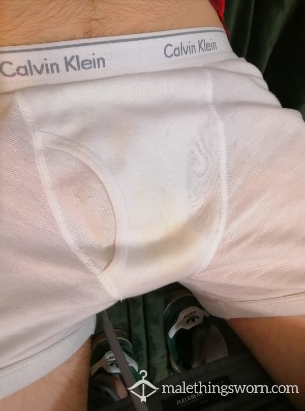 White Calvin Boxer Briefs With Extra Wear.