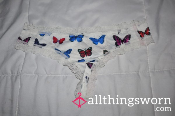 White Bu*terfly Print Lace Trim Thong