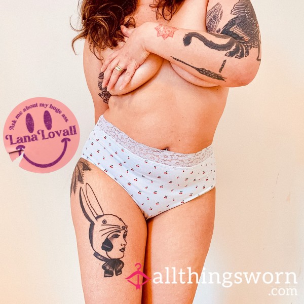 White Cherry Print Lace Trim Full Brief, Cotton Gusset - Size 18