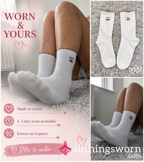 🍒 White Cherry Socks – Worn & Yours | Cute, Soft & Made To Order