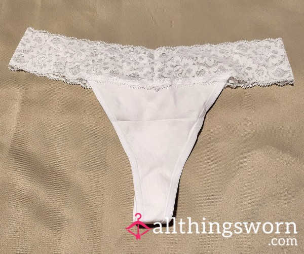 White Cotton And Lace Thong