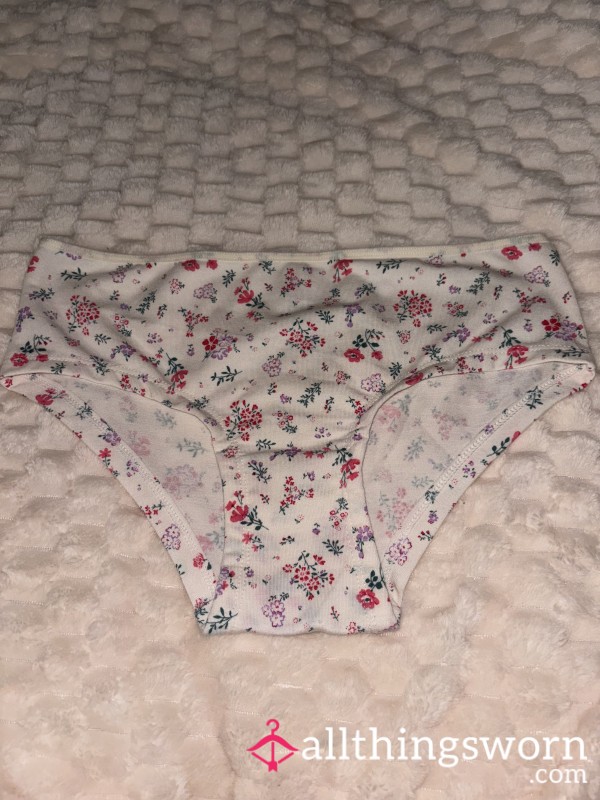 White Cotton Bikini Panties With A Flower Pattern