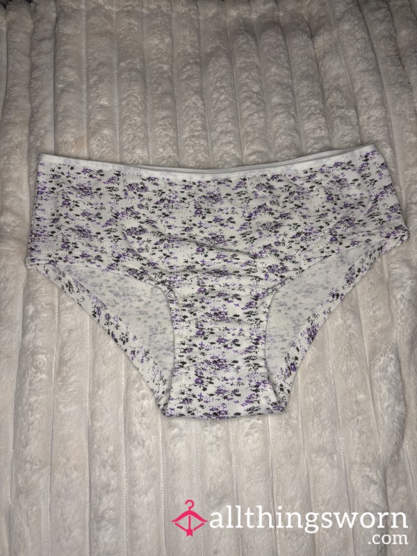 White Cotton Bikini Panties With Purple Flowers