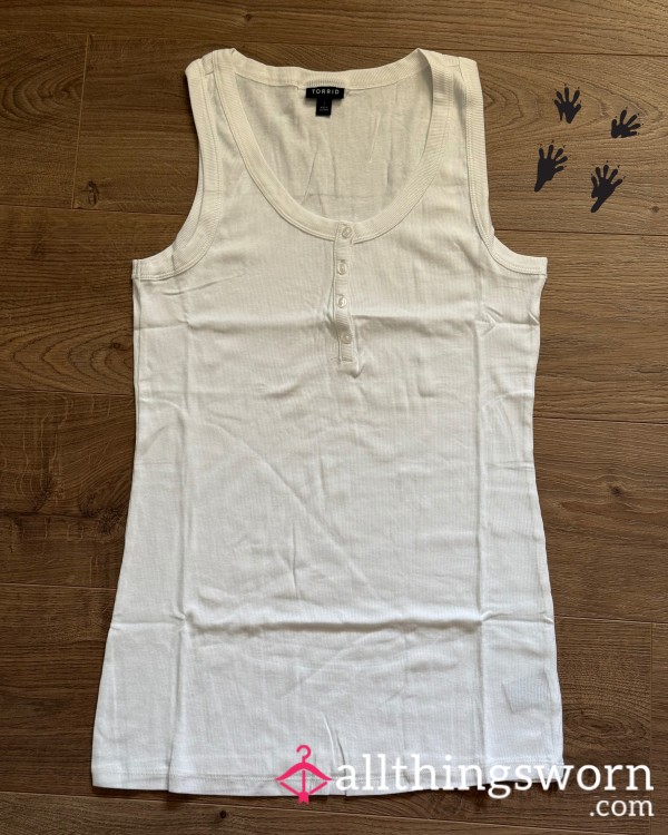 White Cotton Blend Ribbed Scoop Neck Henley Tank Top, Size 1X, For Custom Wear