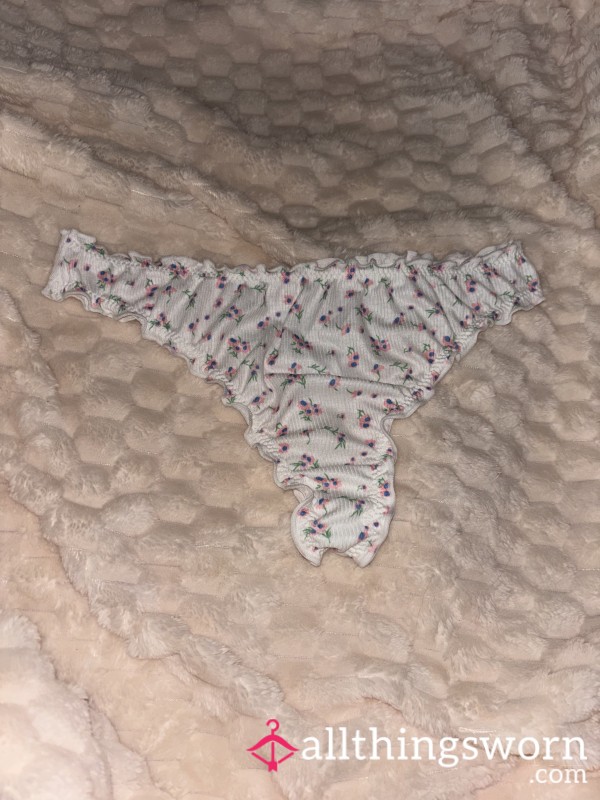 White Cotton Flor*l Thong