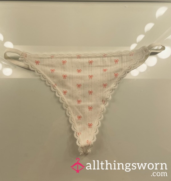 White Cotton Thong With Pink Bows