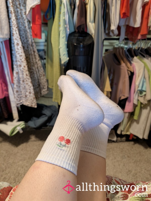 White Crew Socks Cherry 🍒 Stitch