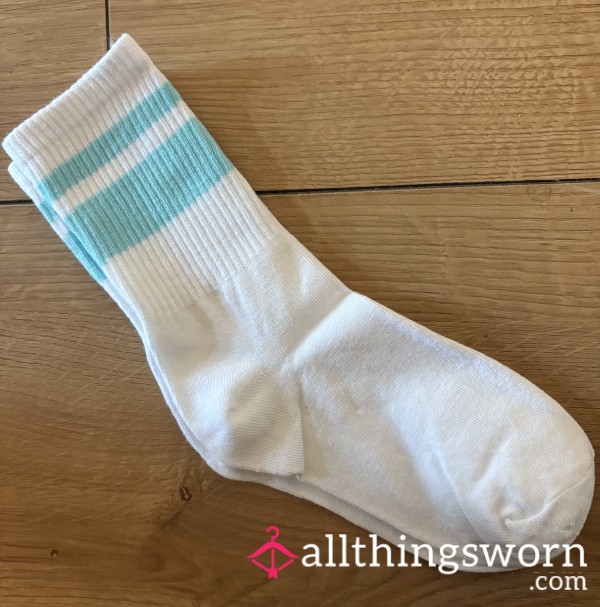 White Crew Socks With Blue Stripes