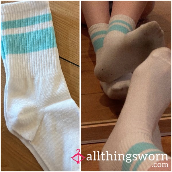 White Crew Socks With Blue Stripes