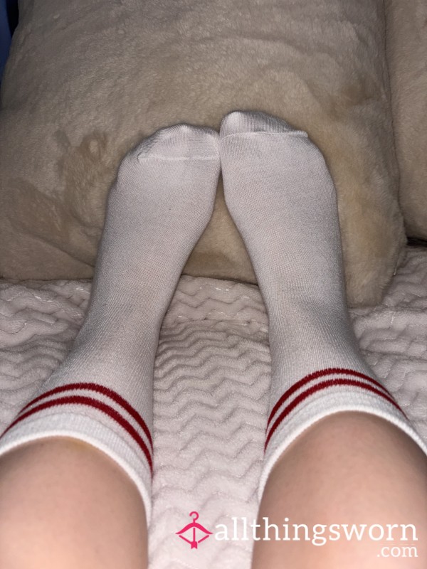 White Crew Socks With Red Lines