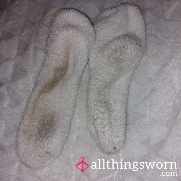 White Dirty Worn Fluffy Socks Size 5-7EU