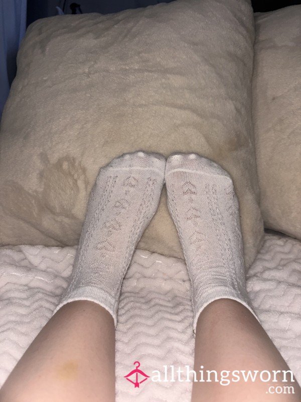 Old White Embroidered Socks With Peach’s At The Tops Of Them