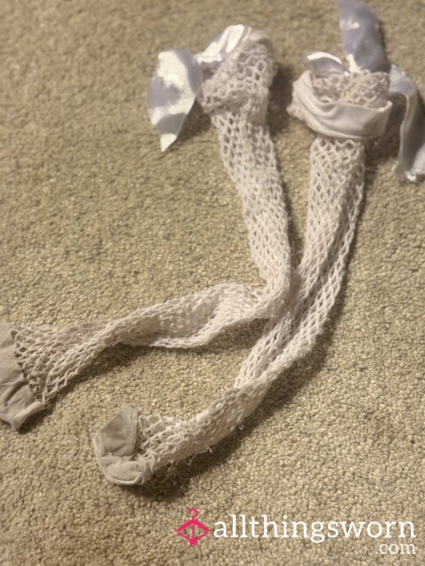 White Fishnet Knee High Socks Worn With Holes