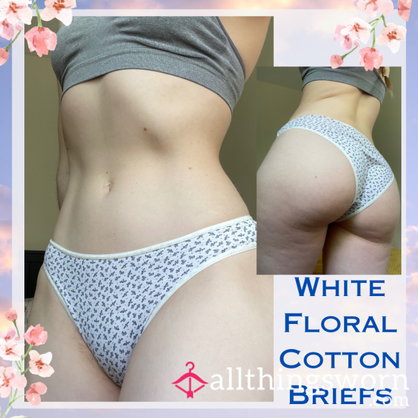White Flor*l Cotton Briefs 💐 Size Small▪️1 Day Wear - £20. Longer Wears And International Shipping Available 🌎