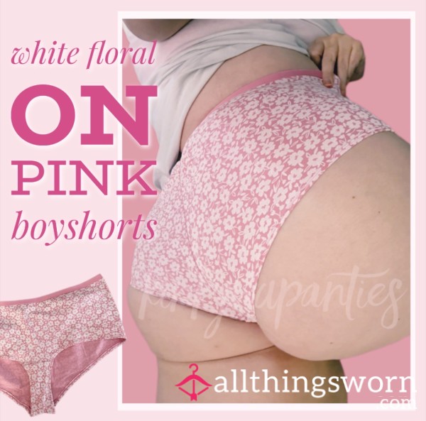 White Flor*l On Pink Cotton Boyshorts - Includes 48-hour Wear & U.S. Shipping