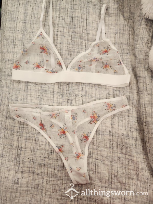 White Flor*l Sheer Bra And Thong, Free Shipping