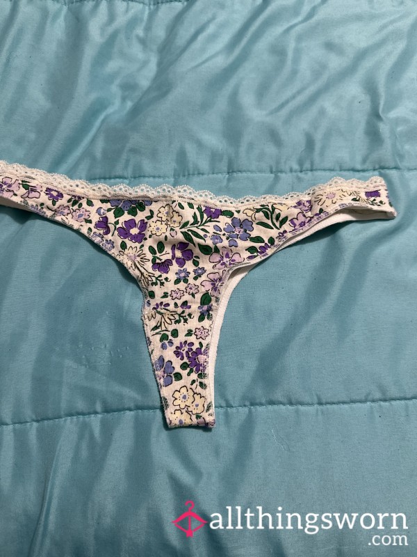 White Flor*l Thong W Lace Trim
