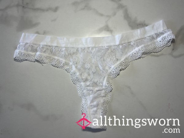 White Frilly Lace Thong With Scallop Trim