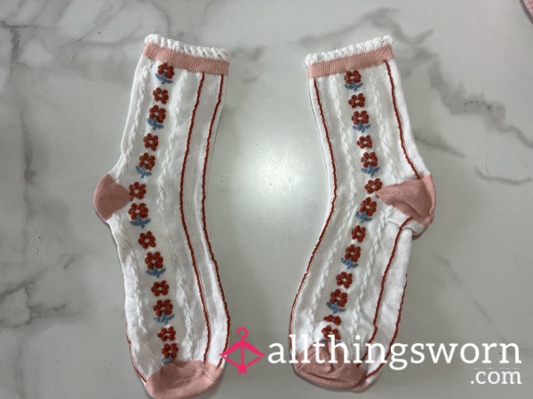 White Frilly Socks With Red Flowers