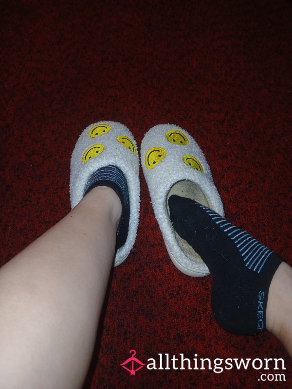 White Fuzzy Smiley Slippers, Kept My Feet A Little Too Warm For The Winter. Ready To Be Shoved In Your Face For A Good Sniff :)