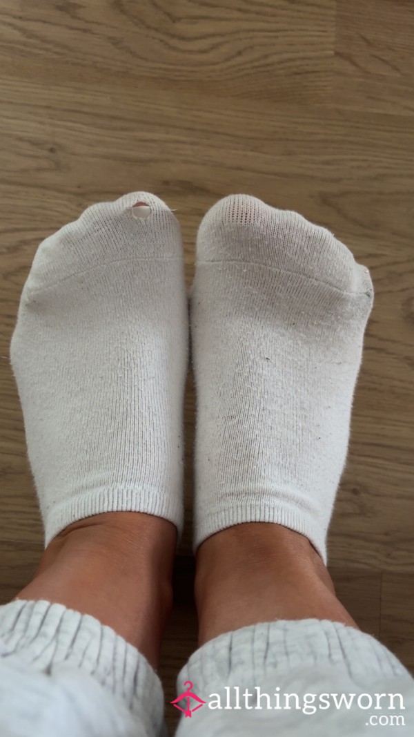 White Gym Socks, Well Worn Through With A Cheeky Hole! - Worldwide Shipping/currency