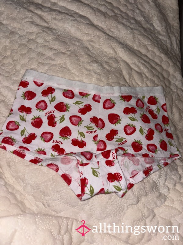White Juicy Couture Boy Shorts With A Strawberry And Cherry Design