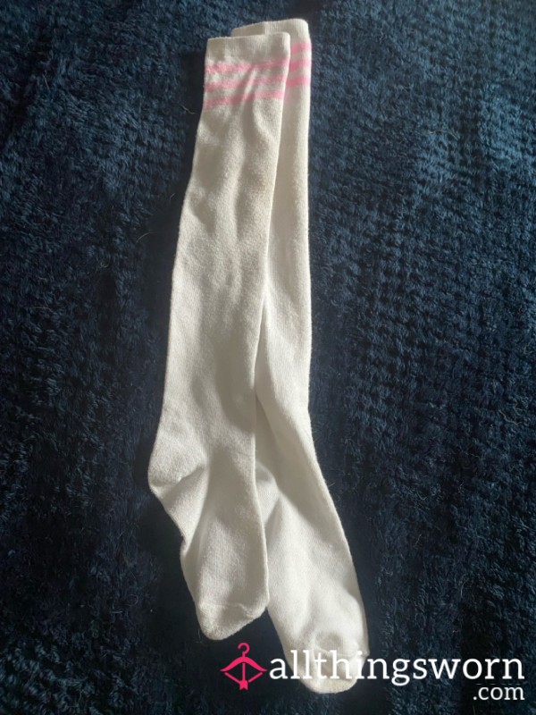 White Knee High Socks With Pink Band