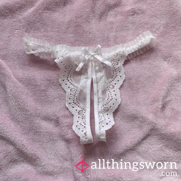 White Lace Crotchless Thong - 48hr Wear 🤍