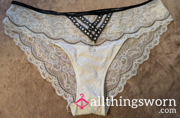 White Lace Panties With Black Stitching - 24 Hours Wear Included